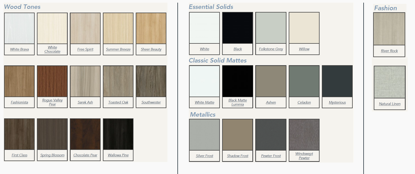 A collection of color swatches showing different wood finishes and neutral tones arranged in a horizontal layout.