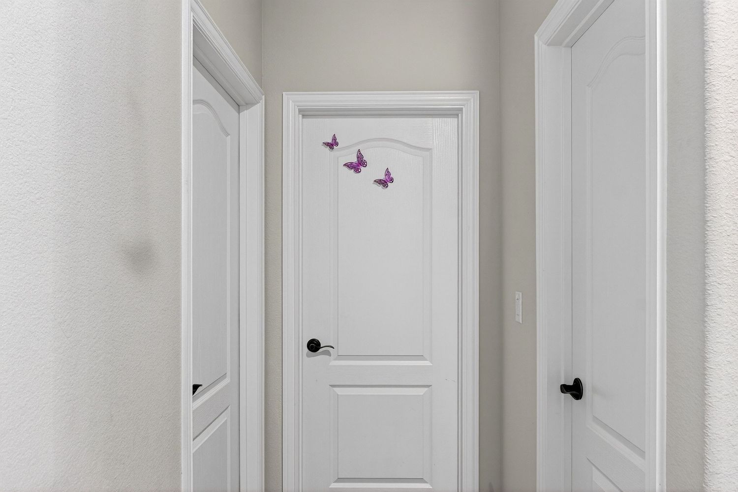 White interior hallway with multiple panel doors and black door hardware.