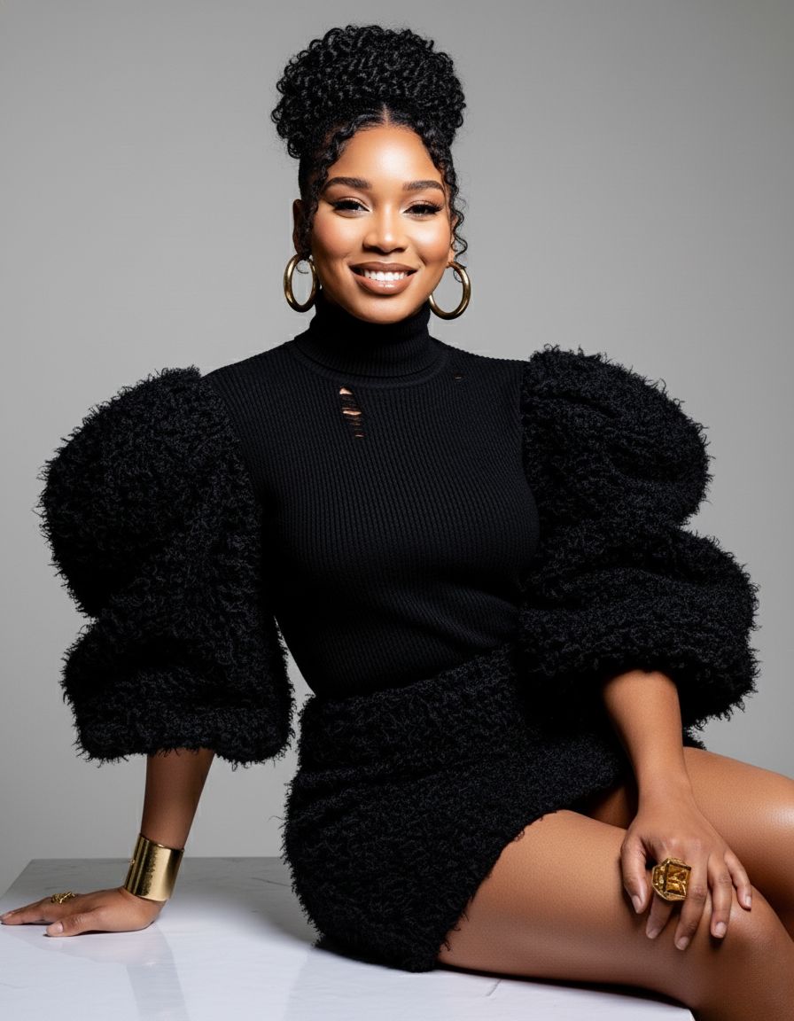 Glamorous studio portrait in black textured sweater against light background.