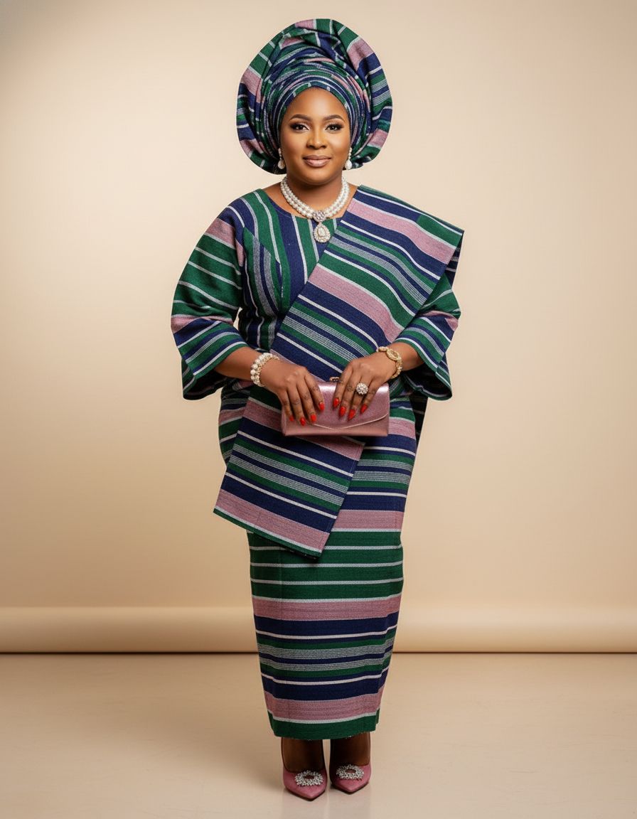 Studio portrait session featuring African print fashion and traditional headwrap.