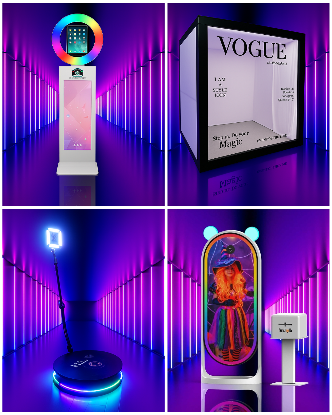 Futuristic purple-lit hallway with Vogue branding and illuminated display panels.