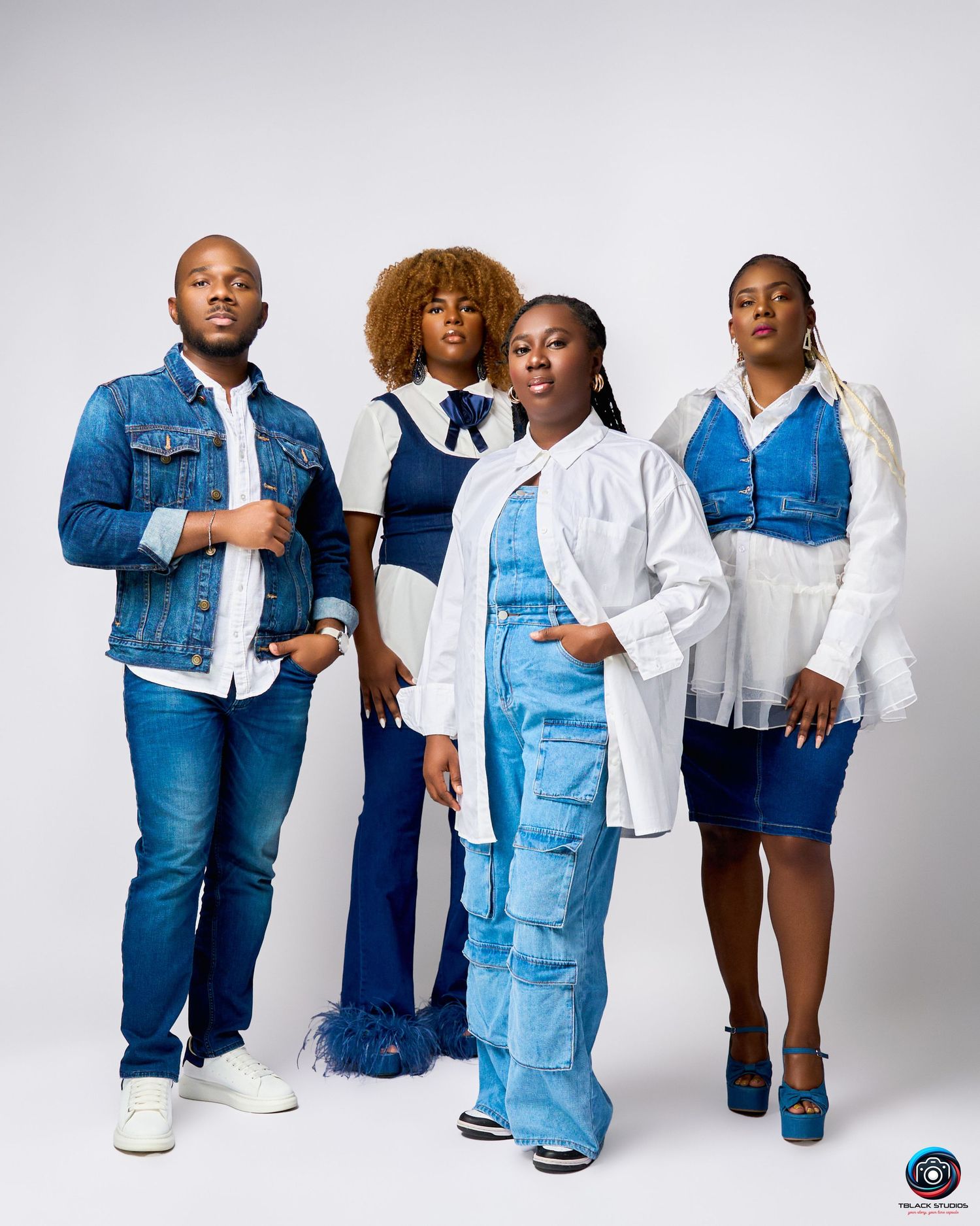 Series of fashion photos showing coordinated denim and white outfits against a light background.