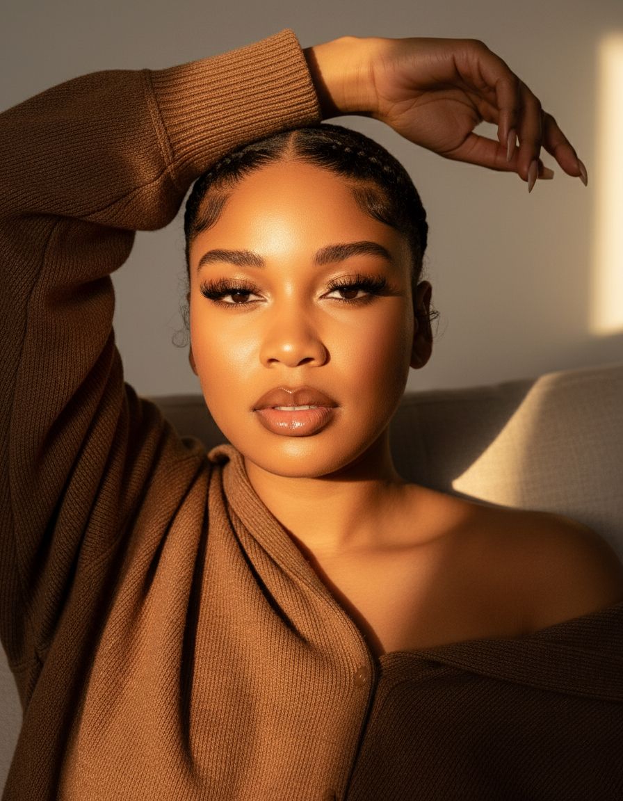 Artistic portrait with dramatic lighting and brown knit sweater.