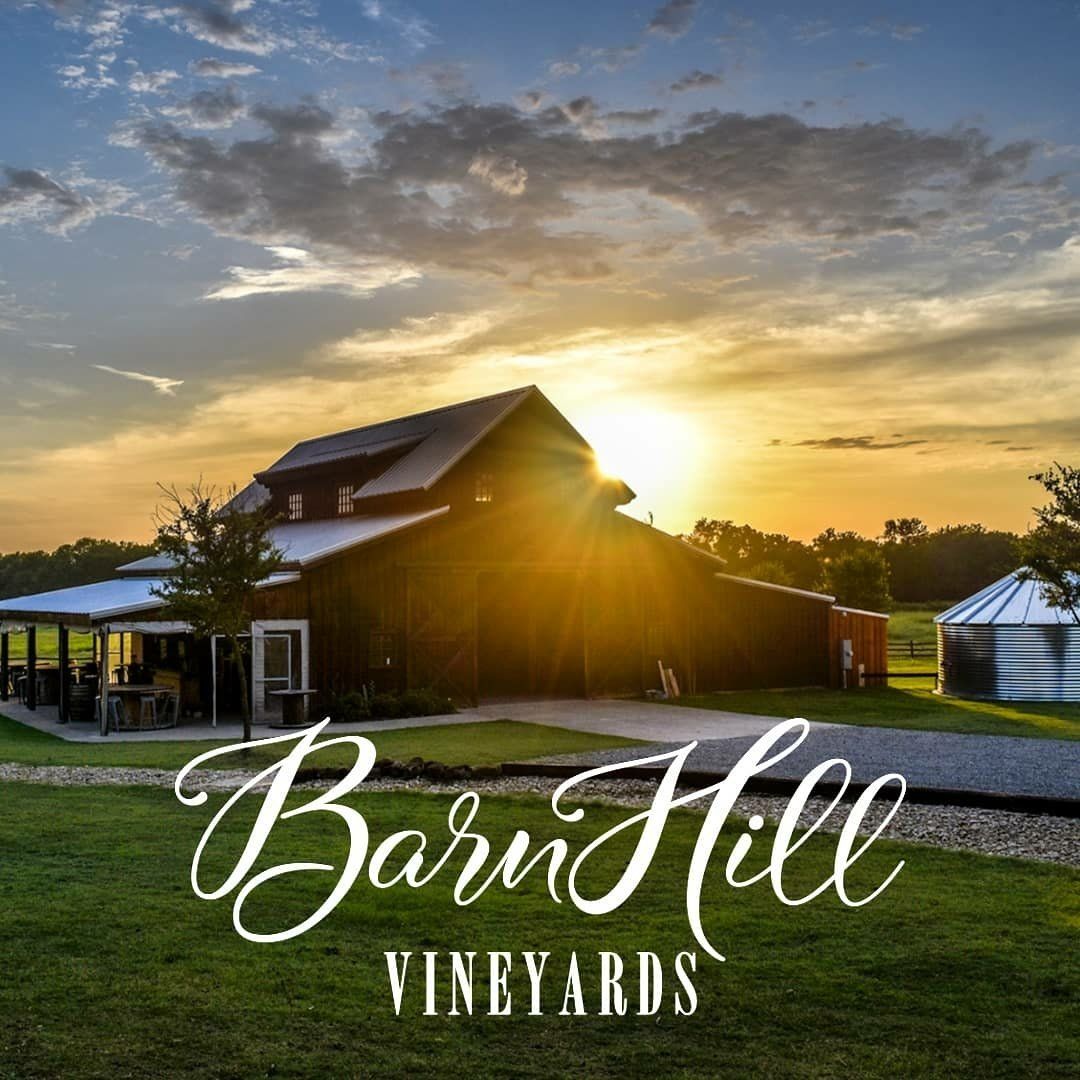 Panoramic view of vineyard at sunset with rustic buildings and Barn Hill Vineyards branding.