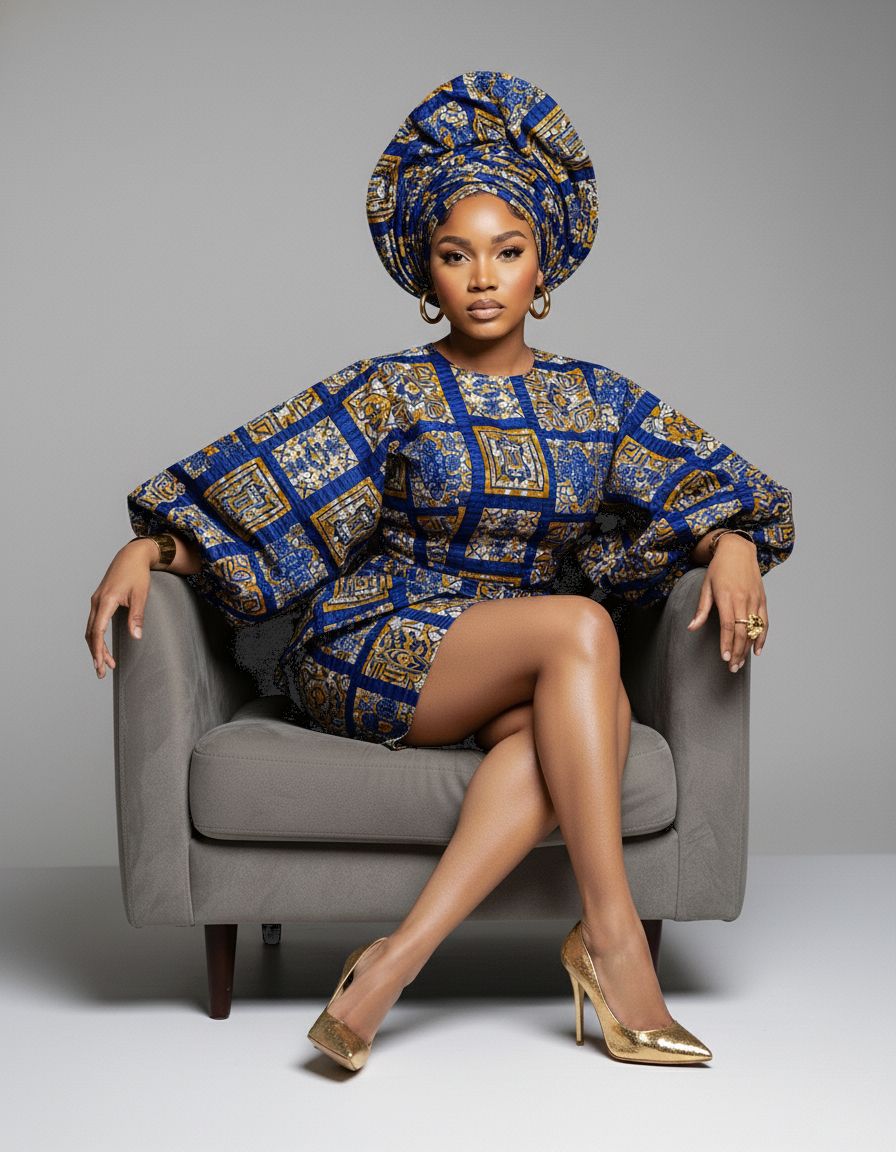 Fashionable lounging poses in blue African print outfit on grey sofa in studio setting.