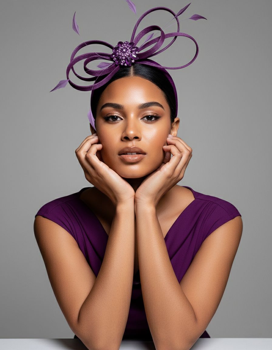 Elegant portrait with purple fascinator and matching top against grey studio background.