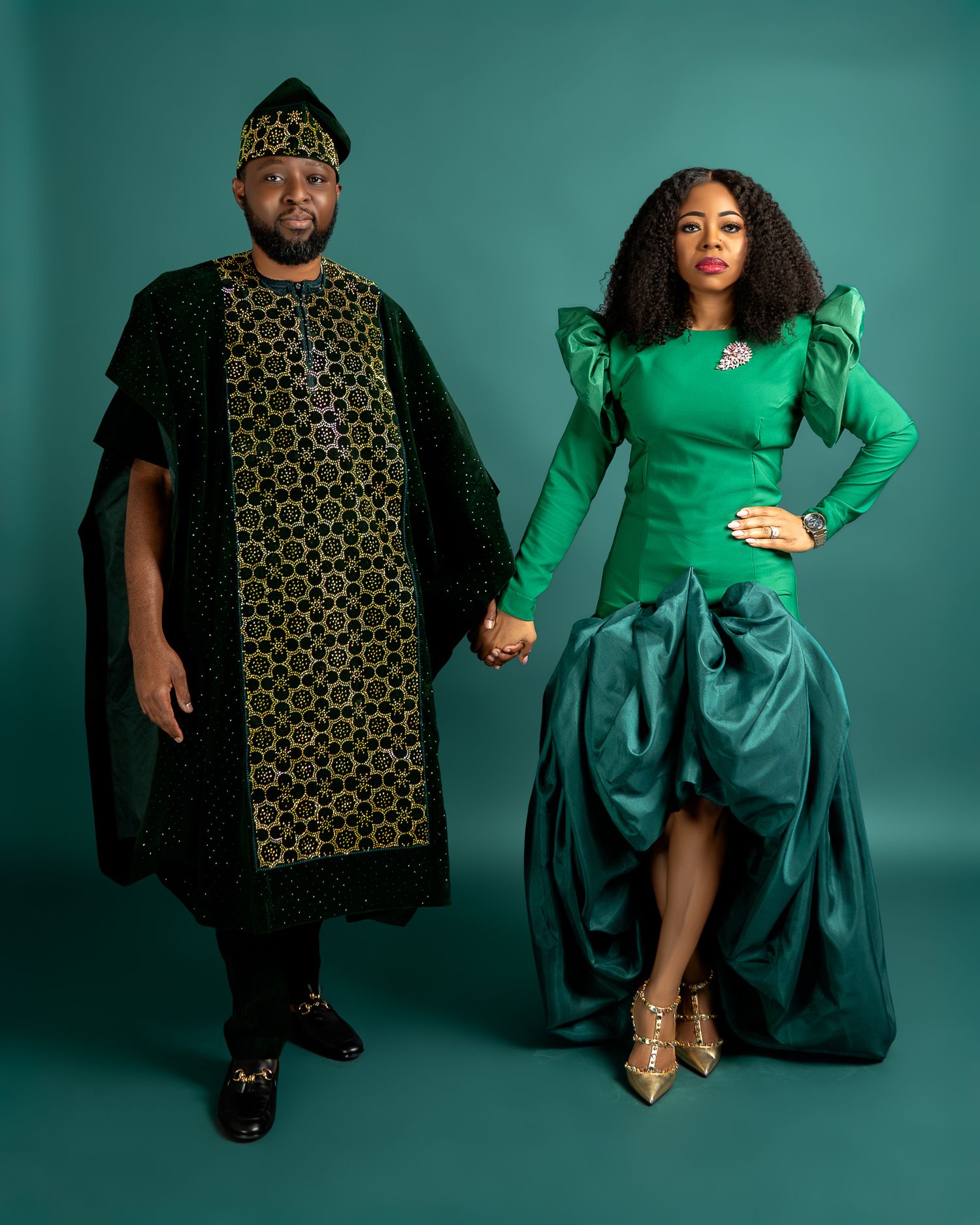 A stylish duo showcasing traditional and modern fashion elements in complementary colors.