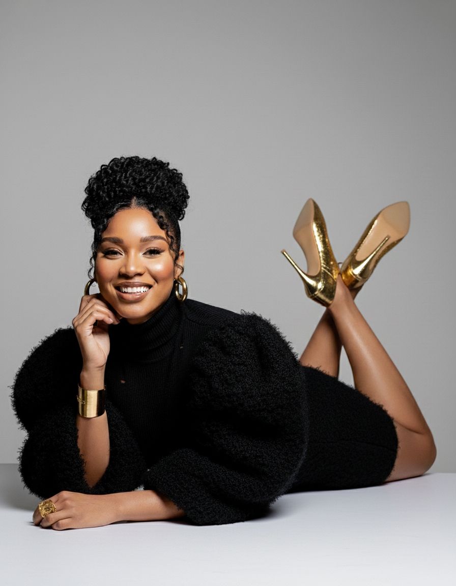 Glamorous pose on floor wearing black fuzzy sweater and gold accessories in studio setting.