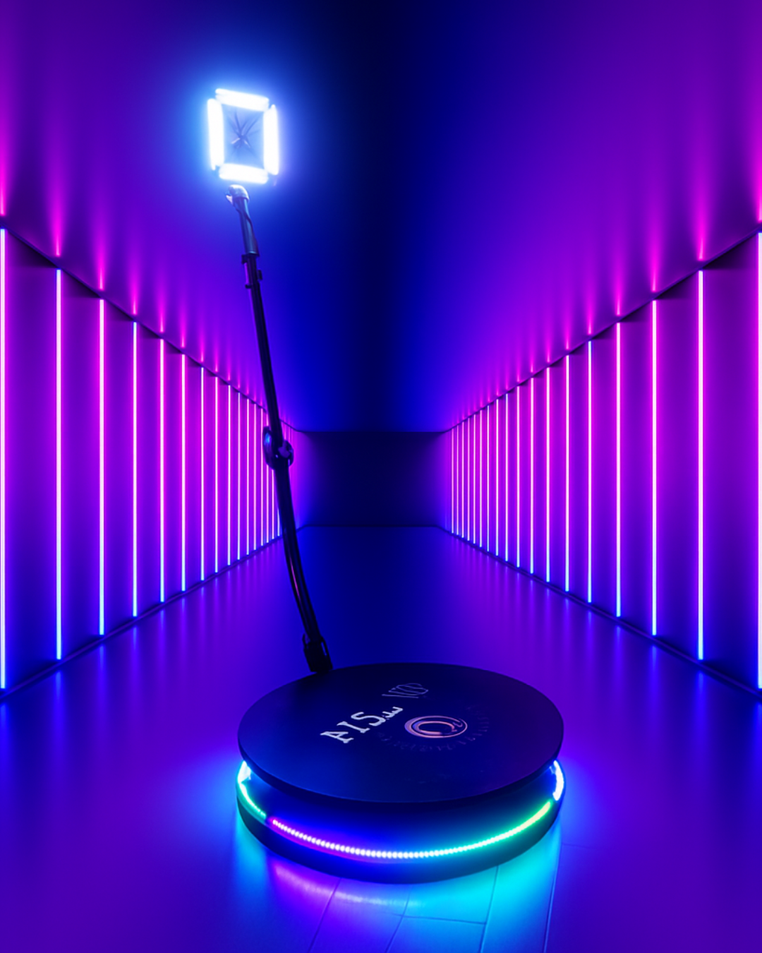 A digital clock display illuminated in blue neon stands in a corridor lined with glowing purple fluorescent tubes.
