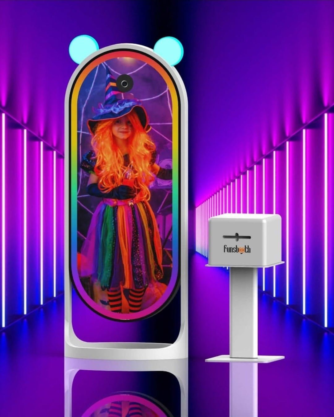 Futuristic purple corridor with neon lighting and digital displays showing vibrant artwork and icons.