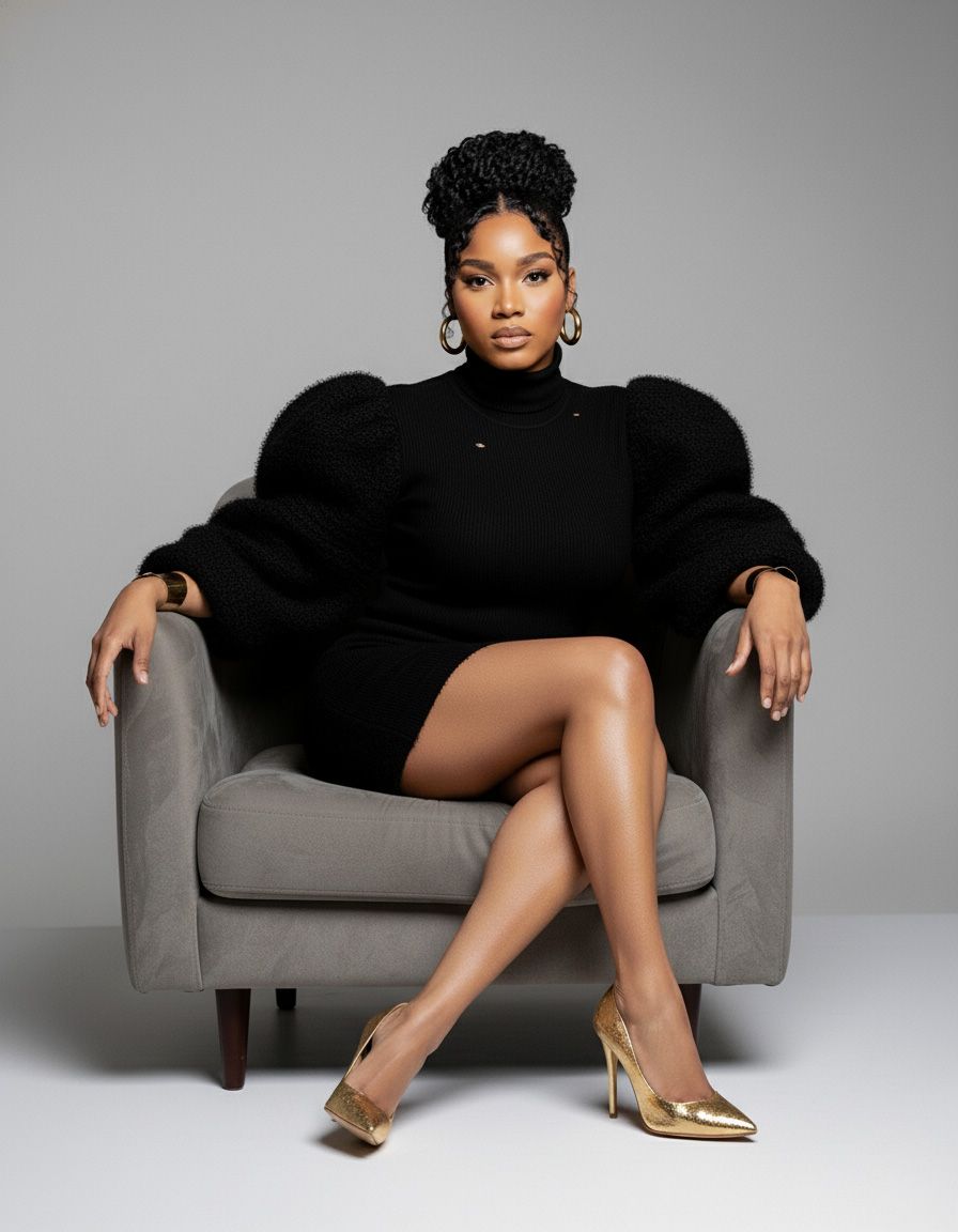 Fashion model reclines on grey sofa wearing black sweater in contemporary studio photoshoot.