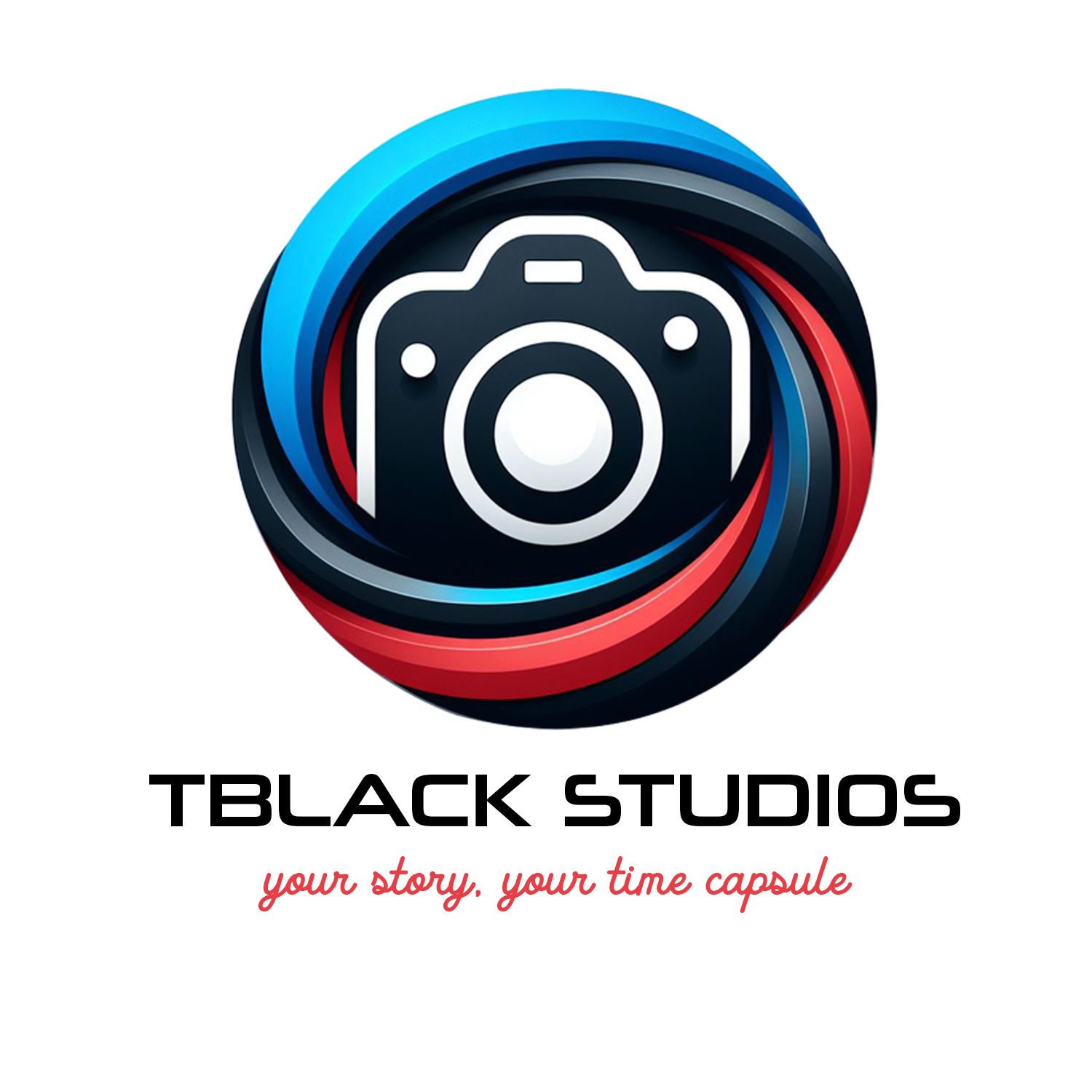 Modern photography studio logo design with camera icon in blue and red circular swirls on white background.