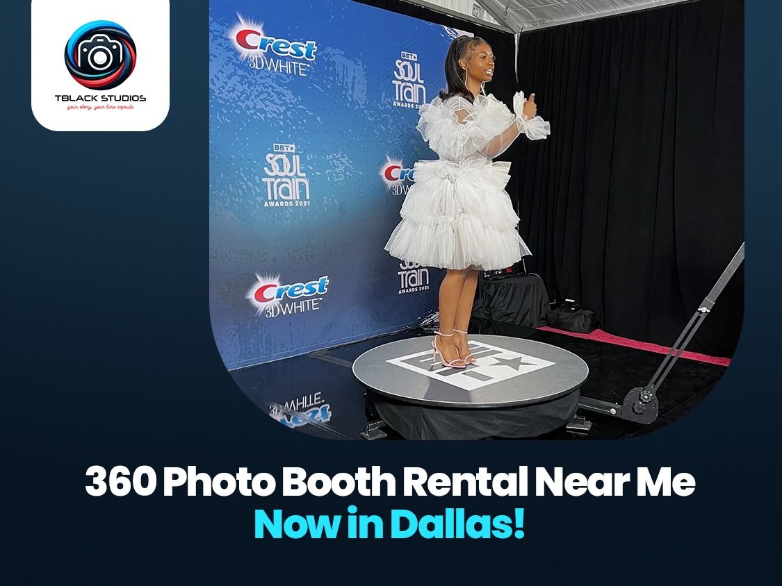 360-degree photo booth rental advertisement featuring white stage setup.