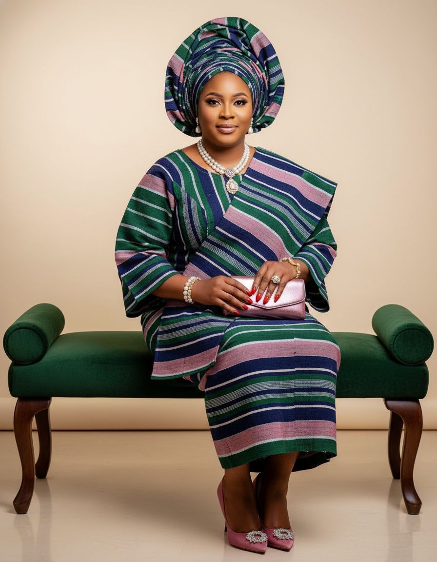 Model in striped green traditional dress poses on vintage green chaise lounge.
