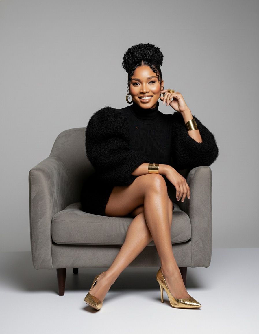 Stylish lounging poses on grey couch wearing black sweater and gold shoes in modern studio.