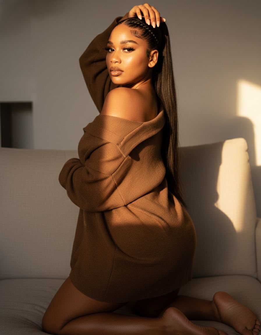 Fashion editorial with brown sweater and dramatic shadow play.