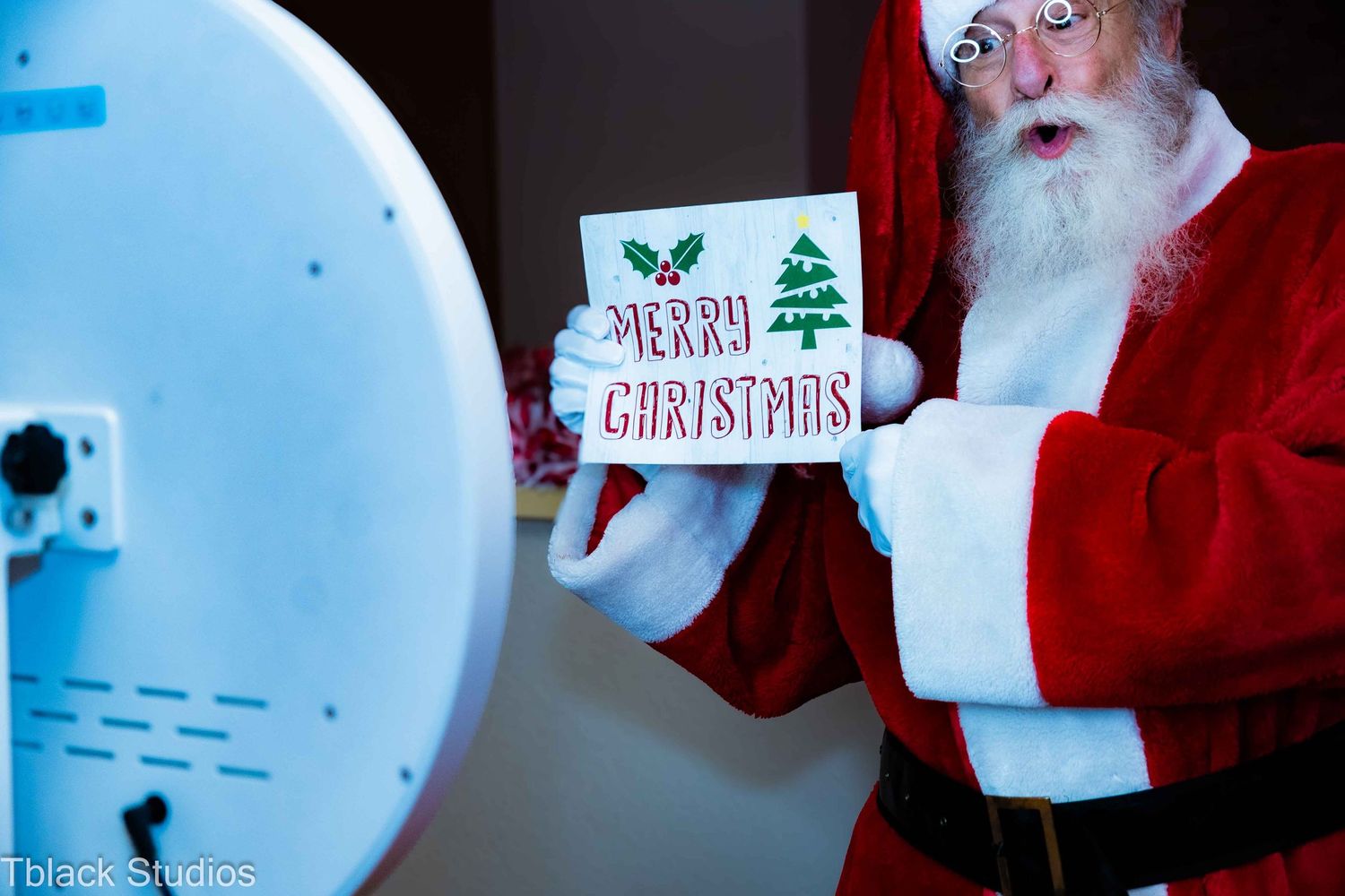Collage of photo booth pictures with Christmas theme and red decorative elements.