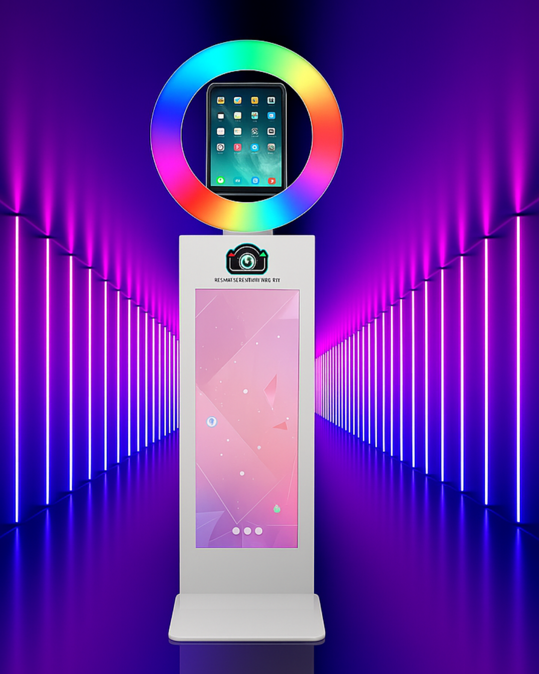 Modern digital kiosk display with vibrant purple lighting and vertical LED light strips.