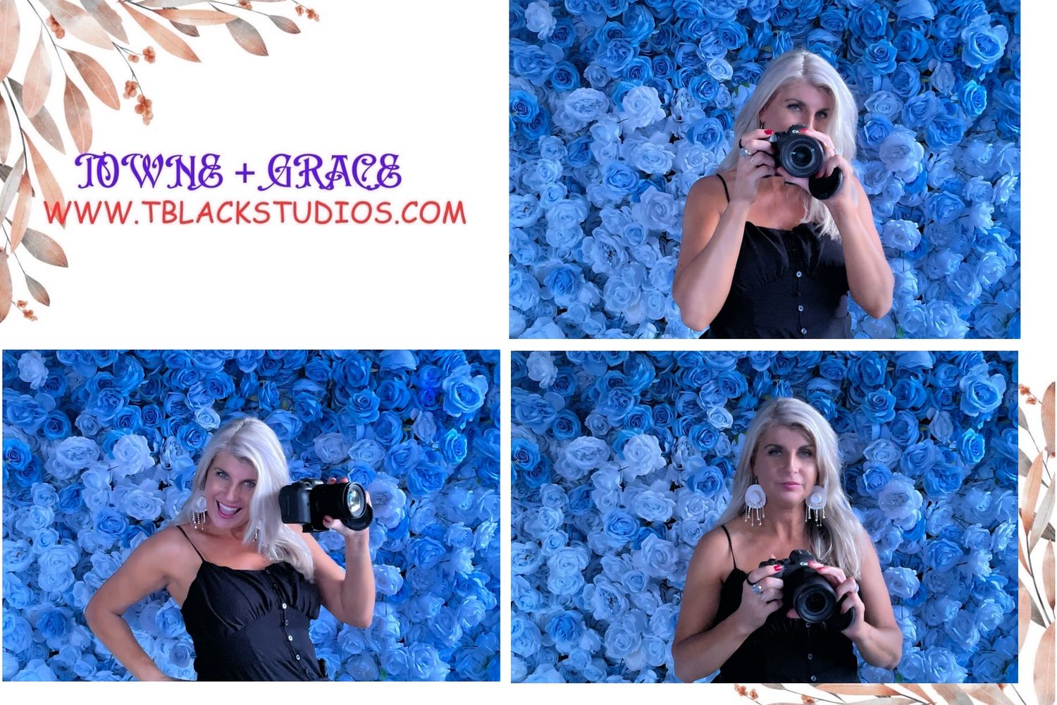 Photo booth backdrop with blue floral pattern and studio branding.