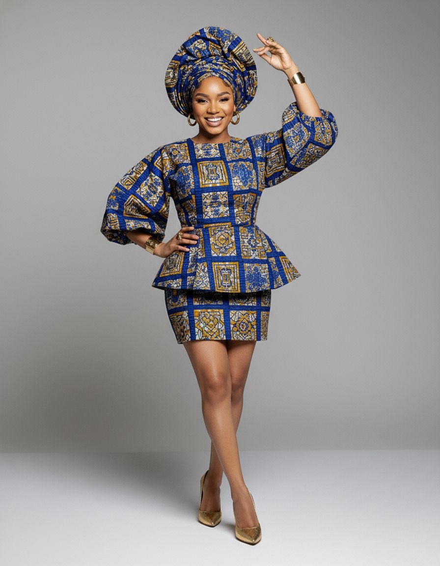 Playful poses in blue patterned African print ensemble with matching headwrap against grey backdrop.