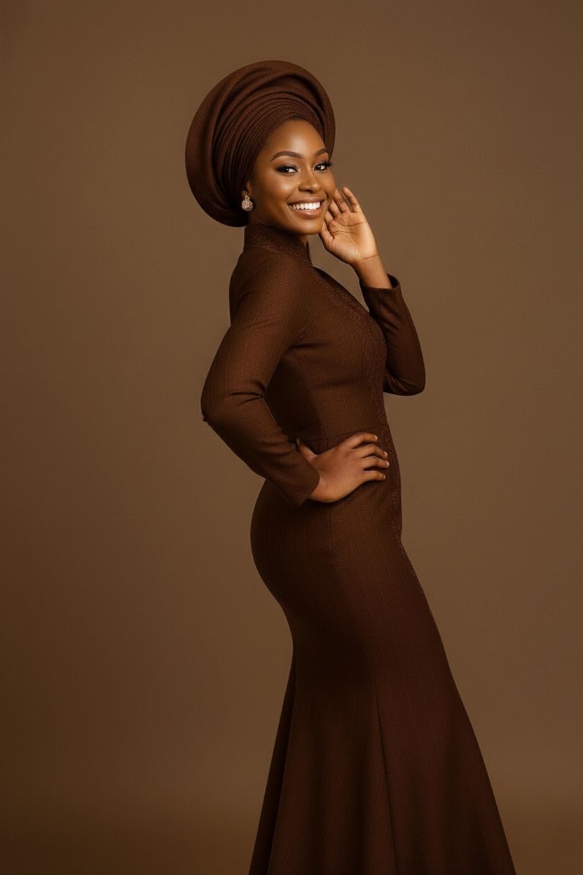 Fashion model poses in brown turtleneck dress against warm brown backdrop in elegant studio photoshoot.