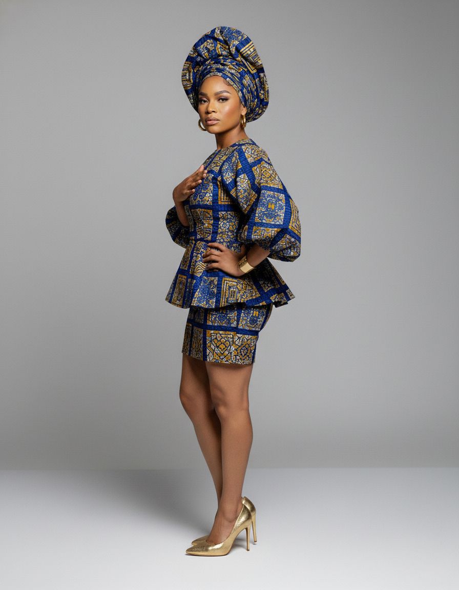 Vibrant blue and gold African print outfit styled with matching headwrap in studio setting.