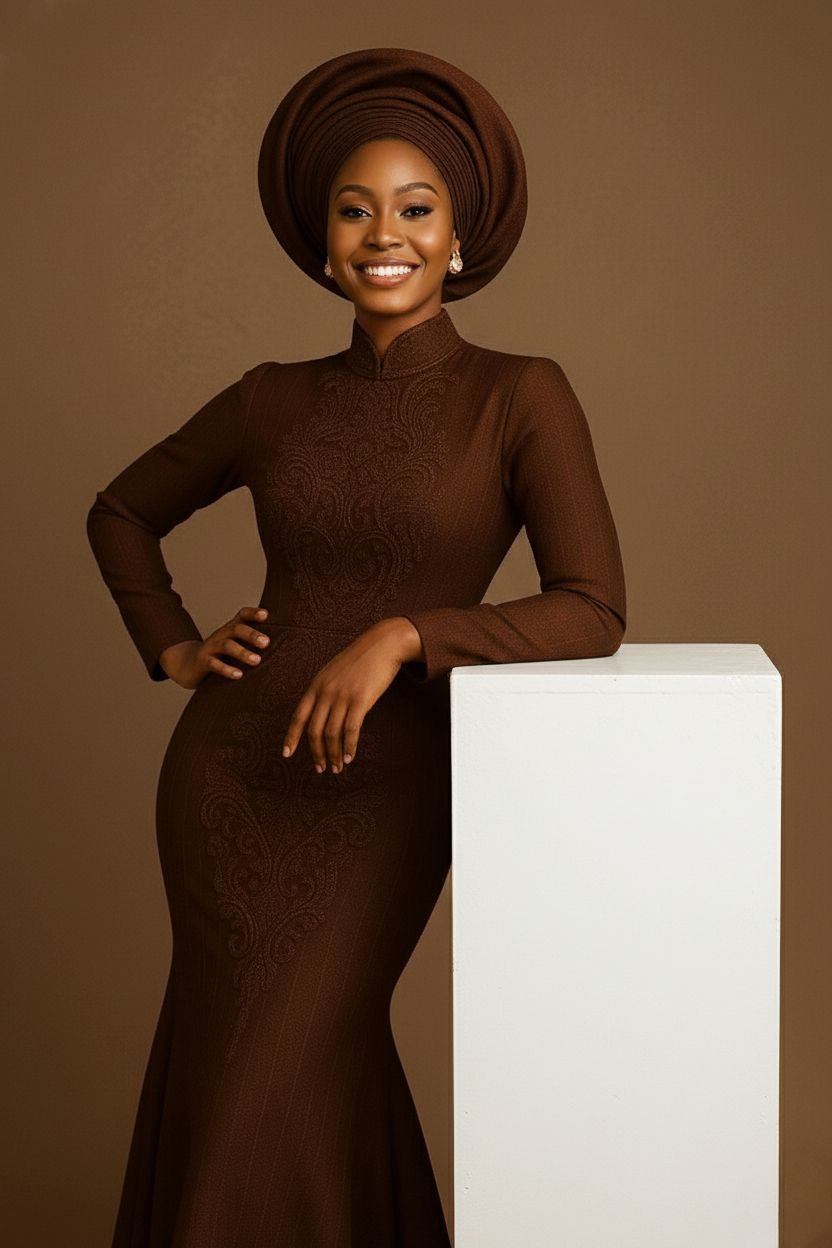 Studio fashion photography featuring brown turtleneck dress with decorative pattern against beige backdrop.