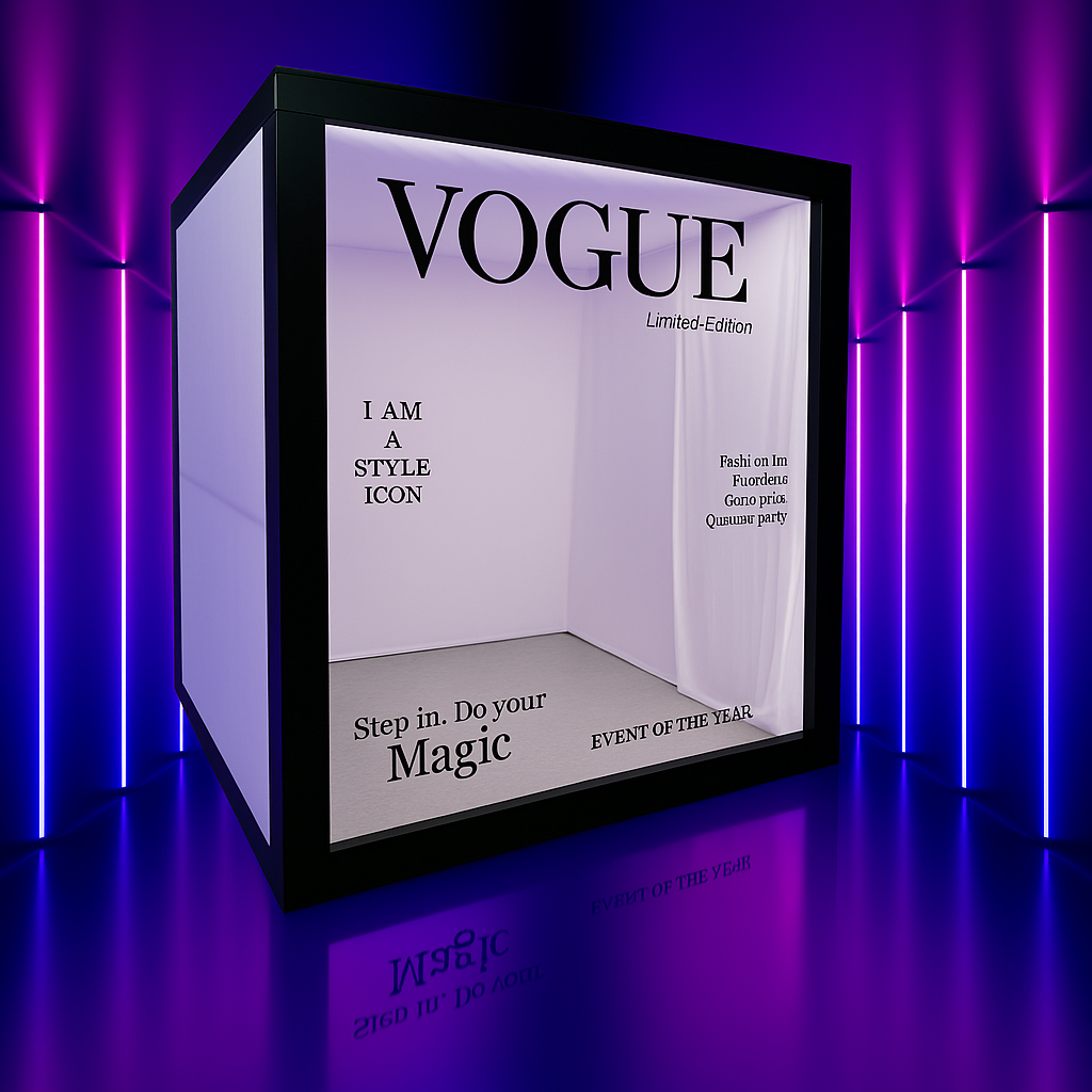 Luxury photo booth setup with illuminated Vogue-themed frames and purple ambient lighting.