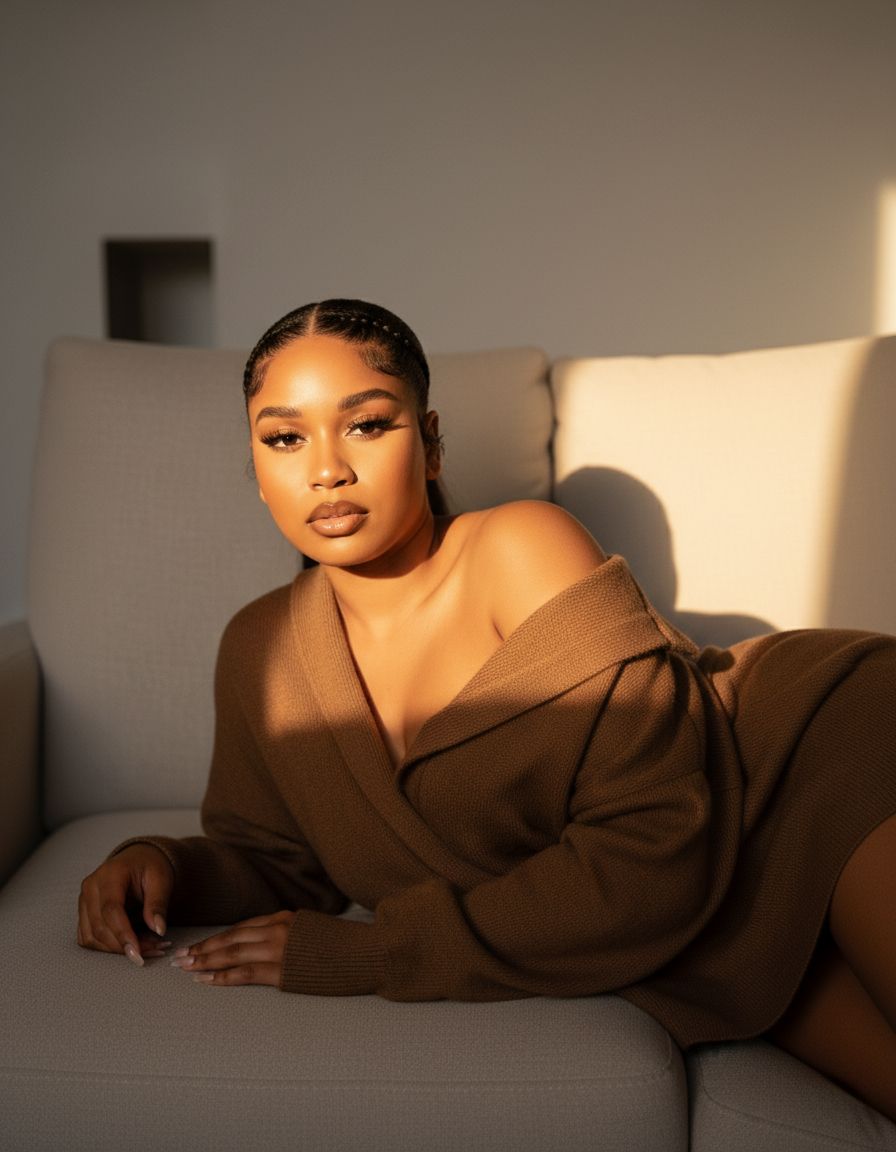 Dramatic lighting portrait in brown outfit against neutral backdrop.