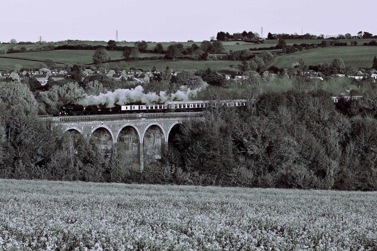 Braunton 34046 steam locomotive crosses over Eynsford Viaduct as scenic railway monochrome photography are available as wall art prints.