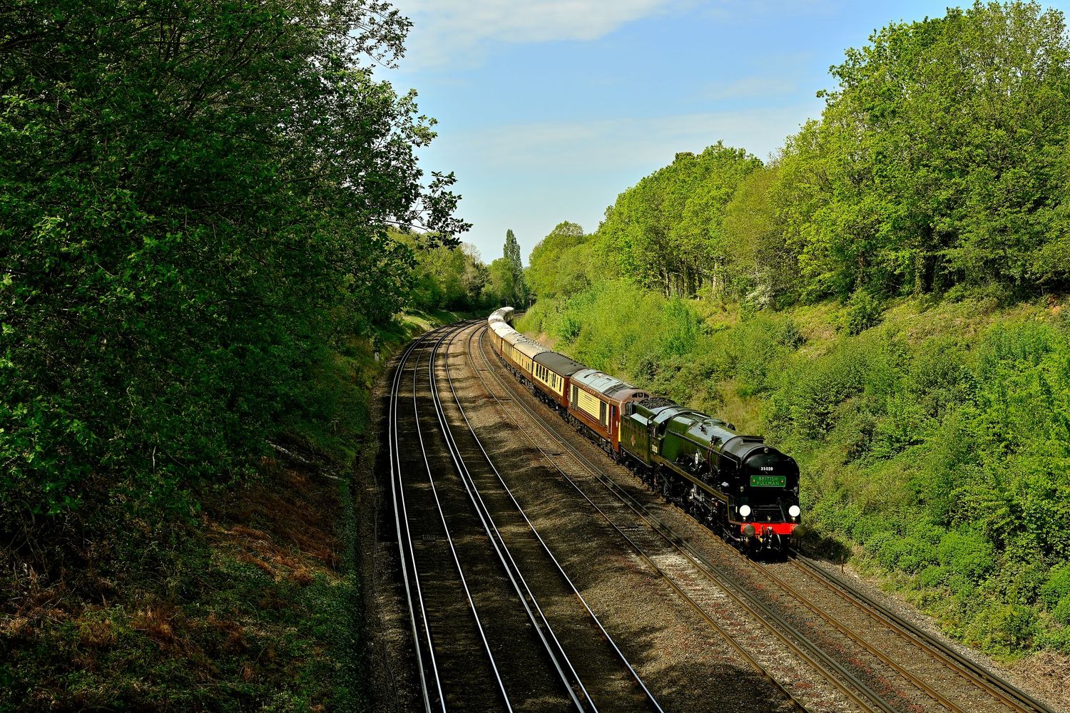 Clan Line 35028 steam locomotive passing through St Mary Cray area as scenic railway photography is available as fine art wall prints.