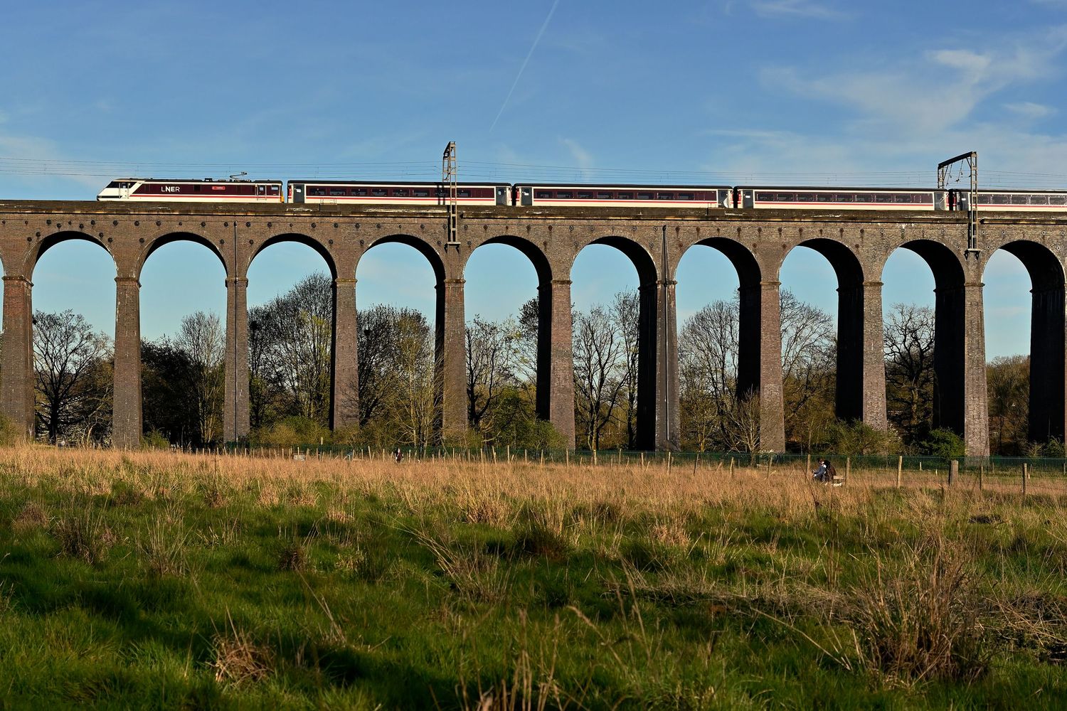 Intercity225 train passes over Digswell Viaduct on a sunny day as scenic railway photography available as wall art prints.
