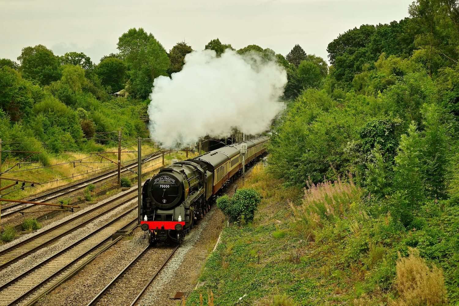 70000 Britannia to York whilst passing through Oakleigh Park as scenic railway photography available as wall art prints.