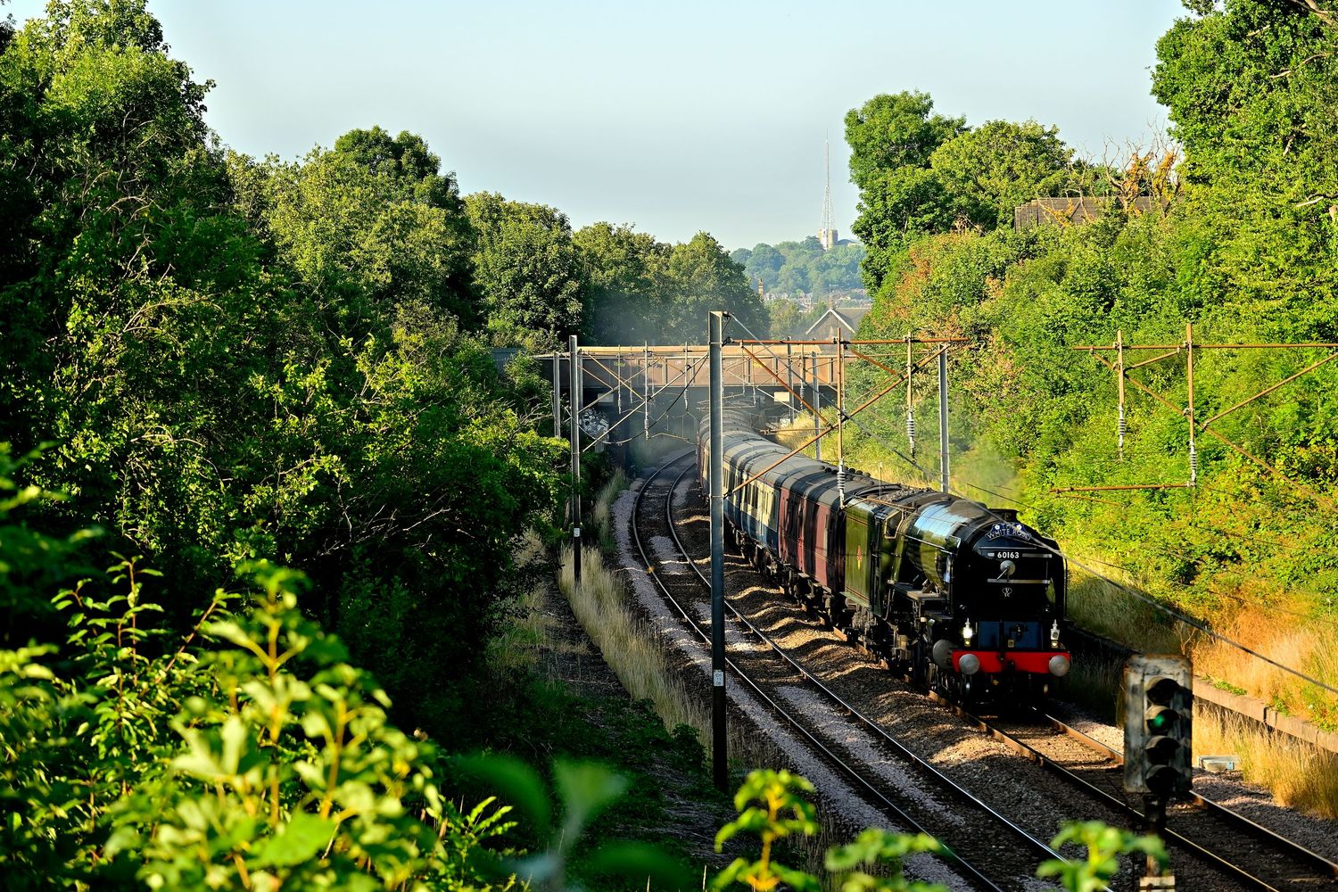 Tornado 60163 locomotive passing Palmers Green as scenic railway photography available as wall art prints.