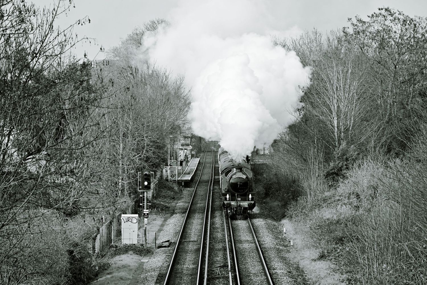 61306 Mayflower passes Chiswick as scenic railway black & white photography available as wall art prints.