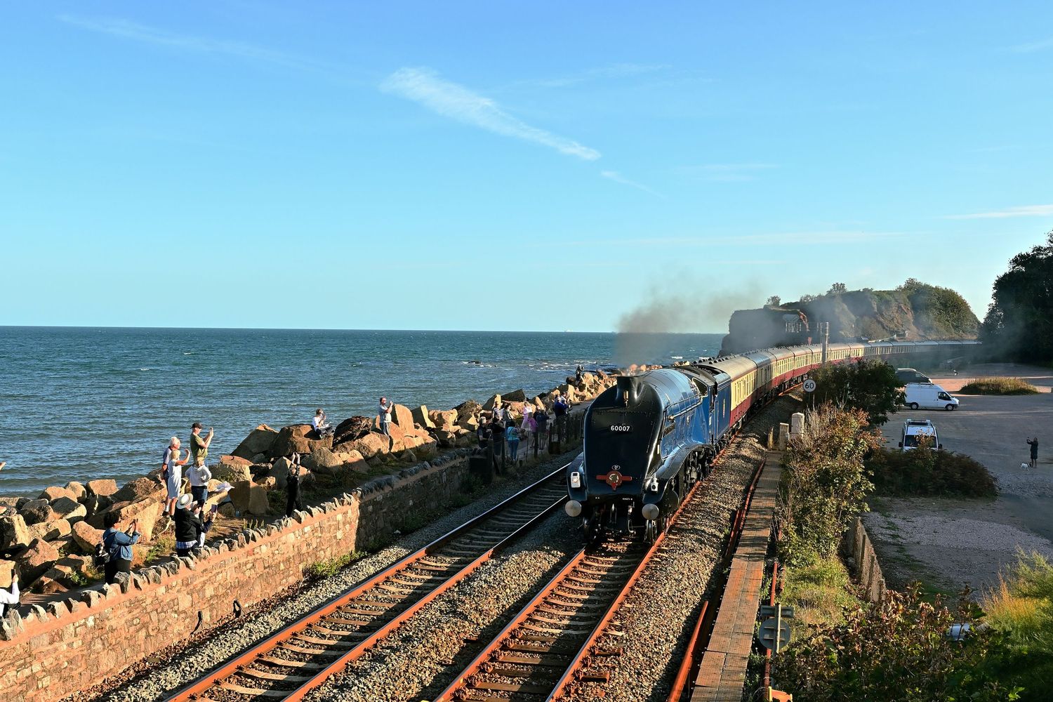 60007 Sir Nigel Gresley passes the coast at Dawlish area, available as framed prints.