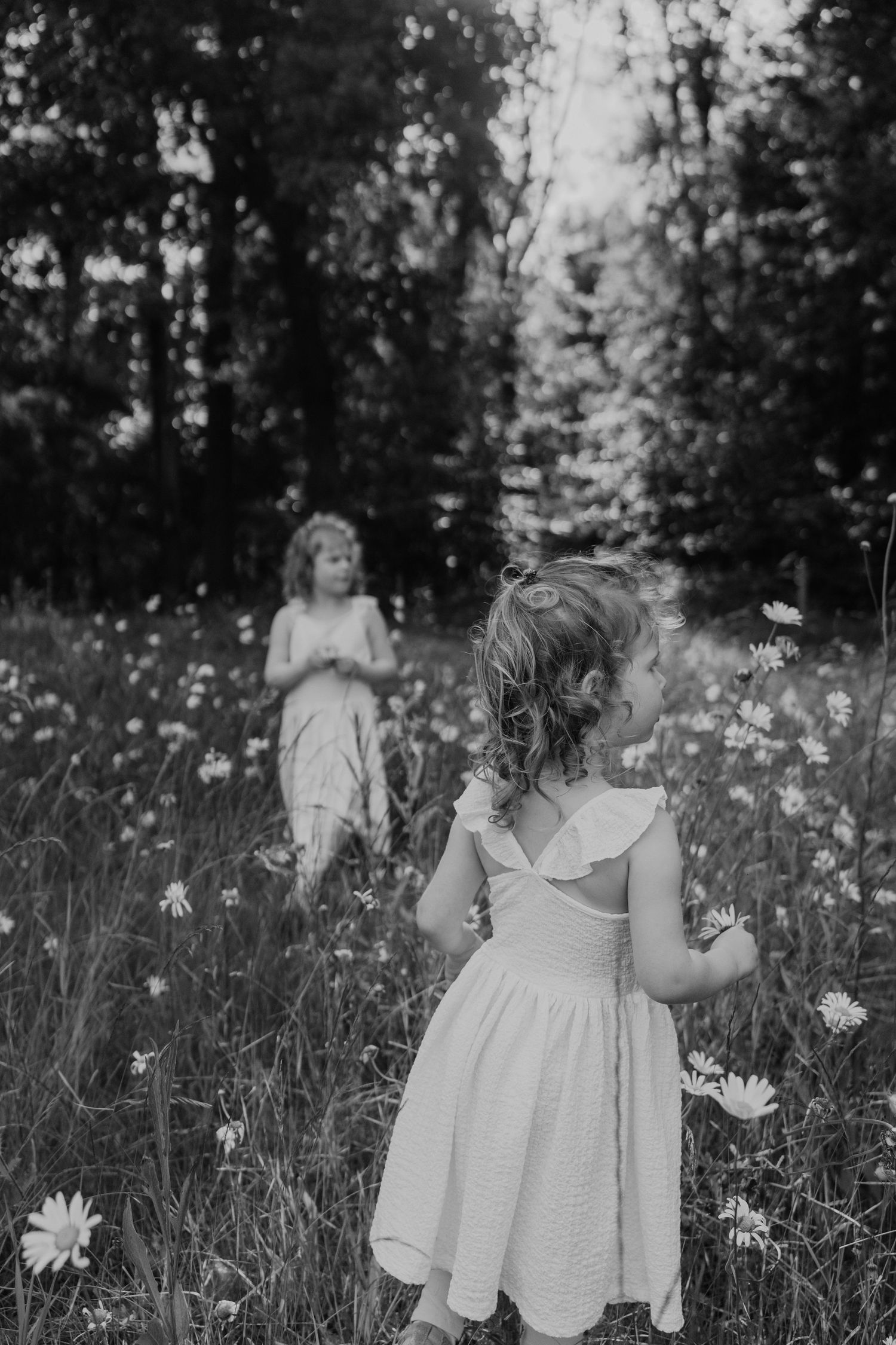 Artistieke foto van zusjes in een bloemenveld in Tilburg tijdens een fotoshoot