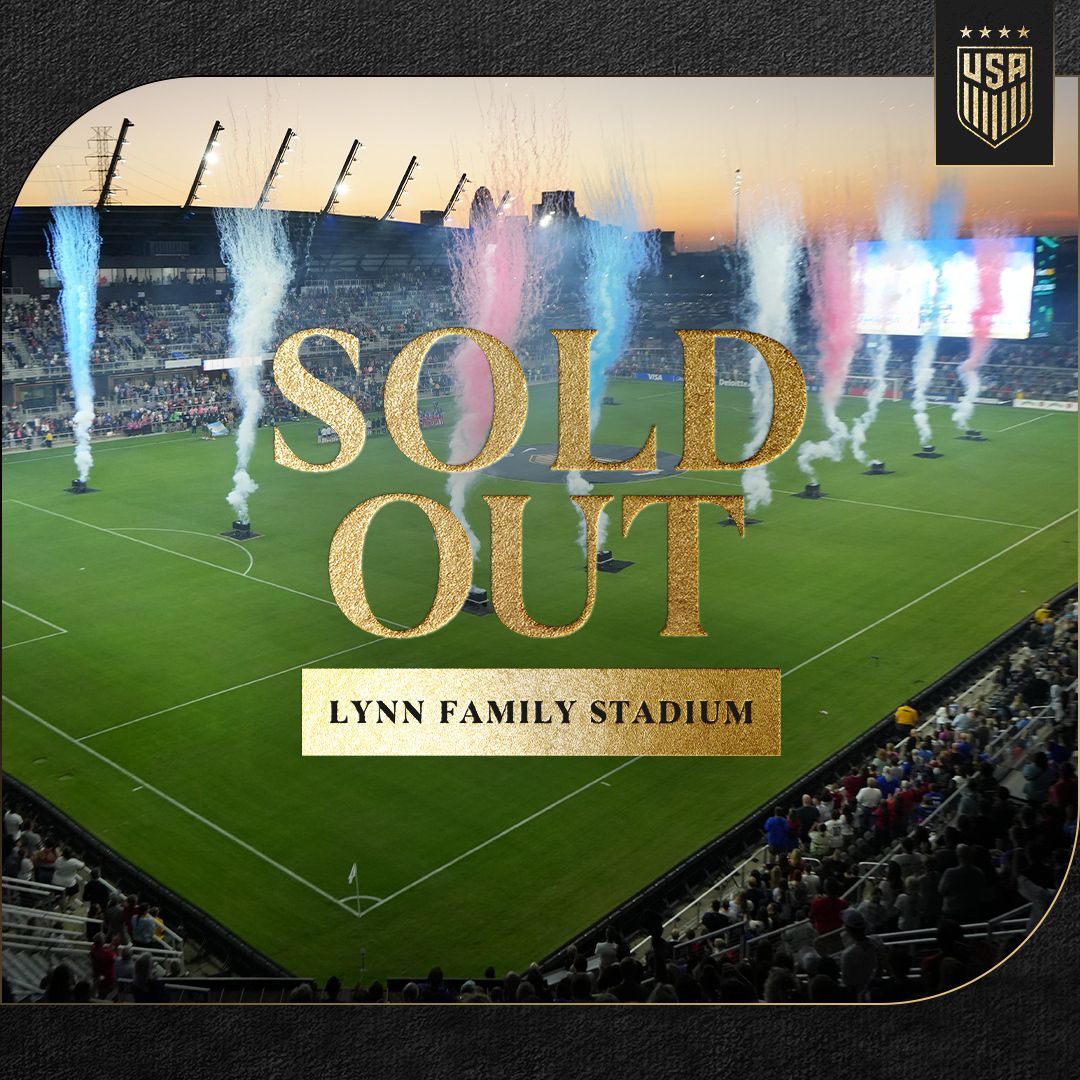 Lynn Family Stadium displays SOLD OUT message during evening soccer match.