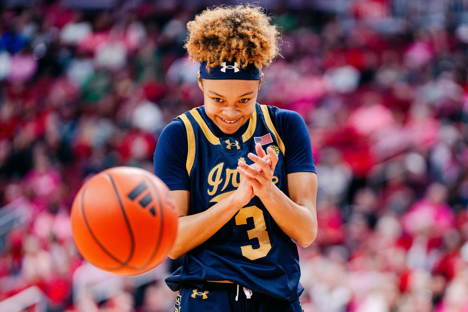 #3 of Notre Dame Women's Baskeball celebrates at the KFC Yum Center, shot by Chris Carter.