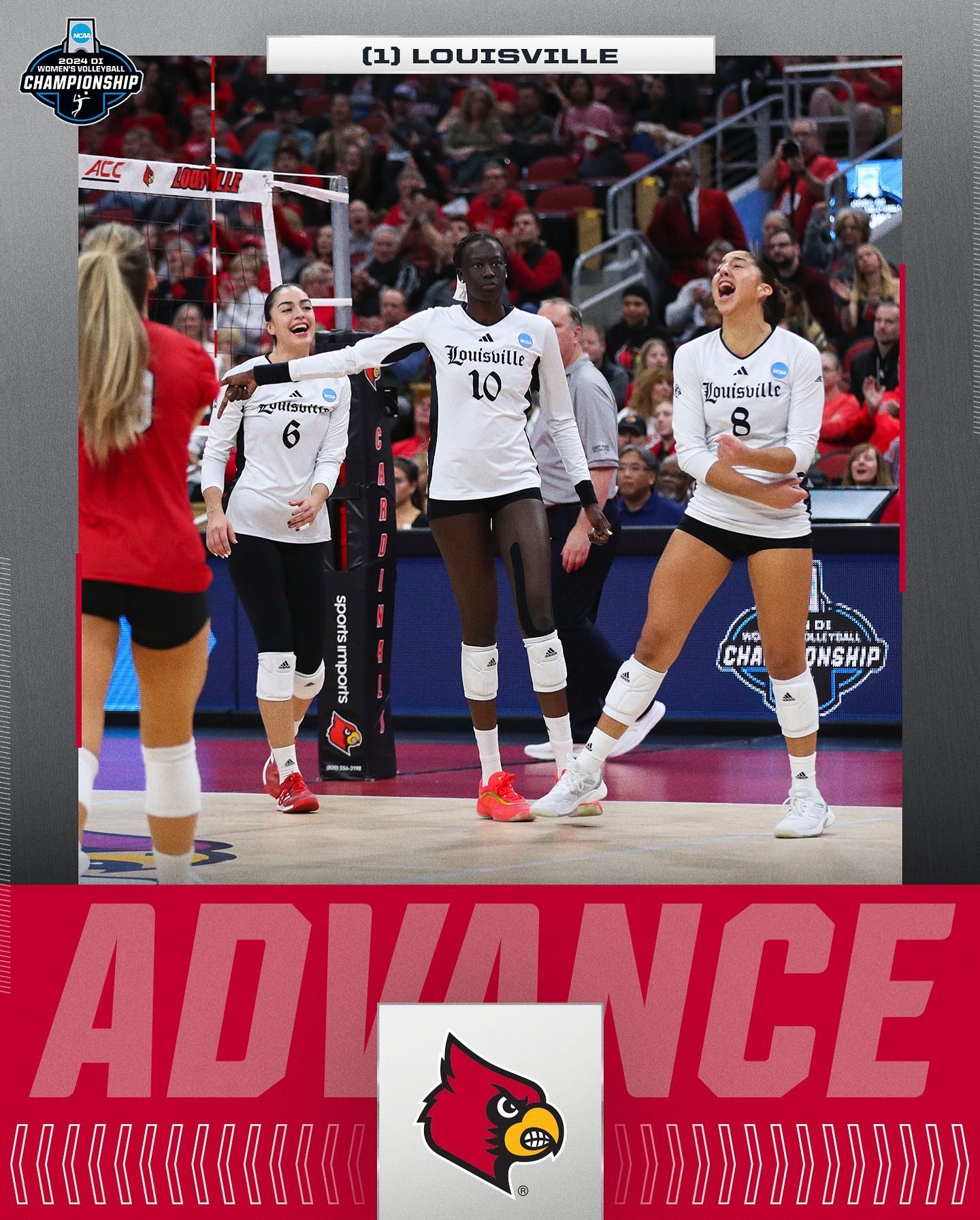 Louisville women's volleyball team celebrates advancement in NCAA tournament match.