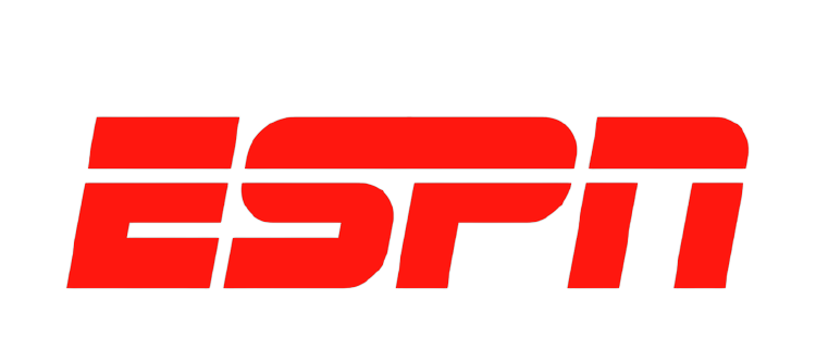 ESPN logo in bold red italic letters on a white background, the iconic sports media brand identity.