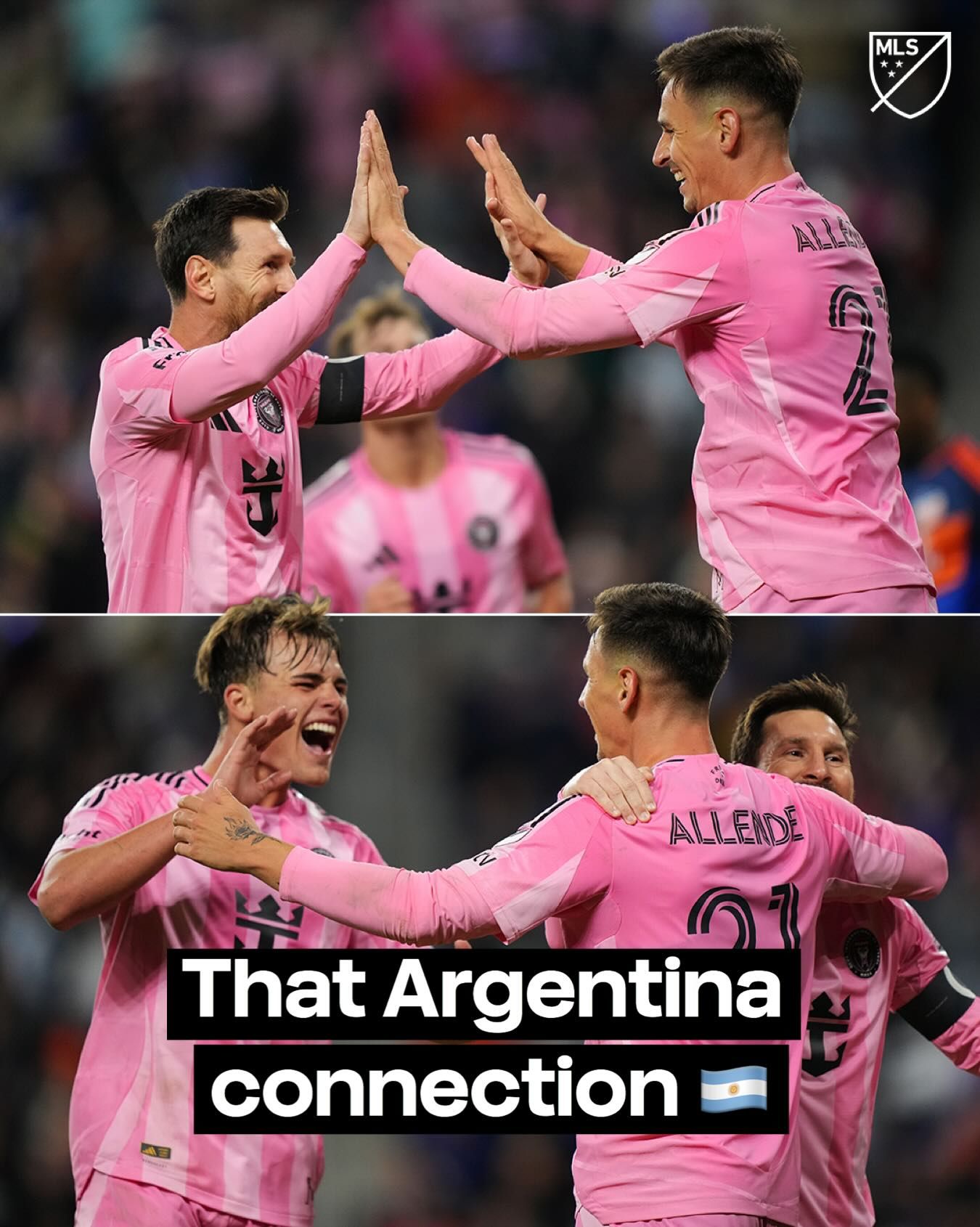 Soccer players in pink jerseys celebrate together during a match with high-fives and embraces on the field.