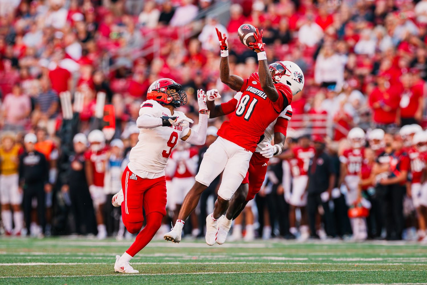 Football player in red uniform makes a diving catch during a game with a crowd of fans in the background.