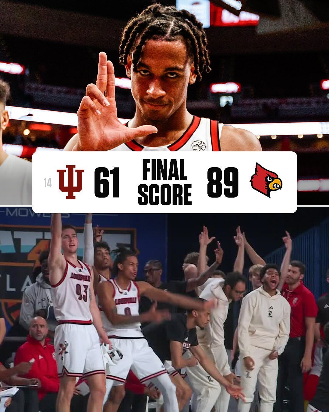 Louisville Cardinals defeat Indiana University 89-61 in college basketball game.