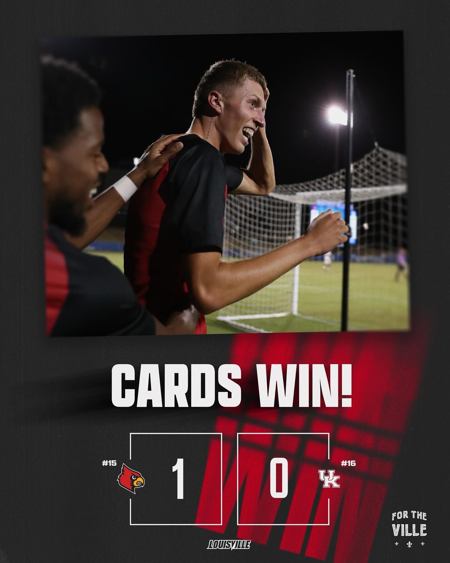 Louisville Cardinals celebrate 1-0 victory over Kentucky in nighttime soccer match.