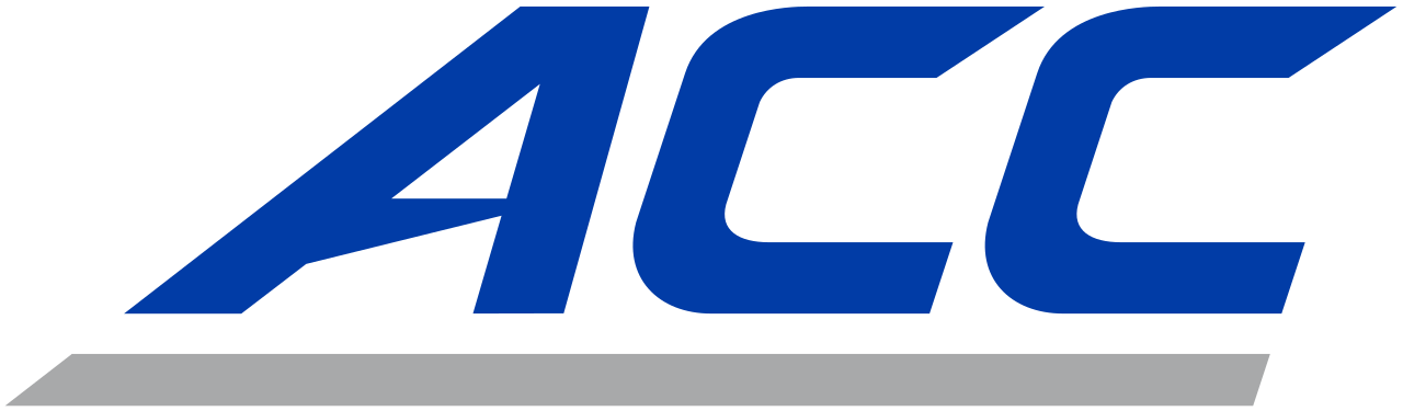 Bold blue ACC logo with italic lettering and a gray diagonal stripe, representing the Atlantic Coast Conference.