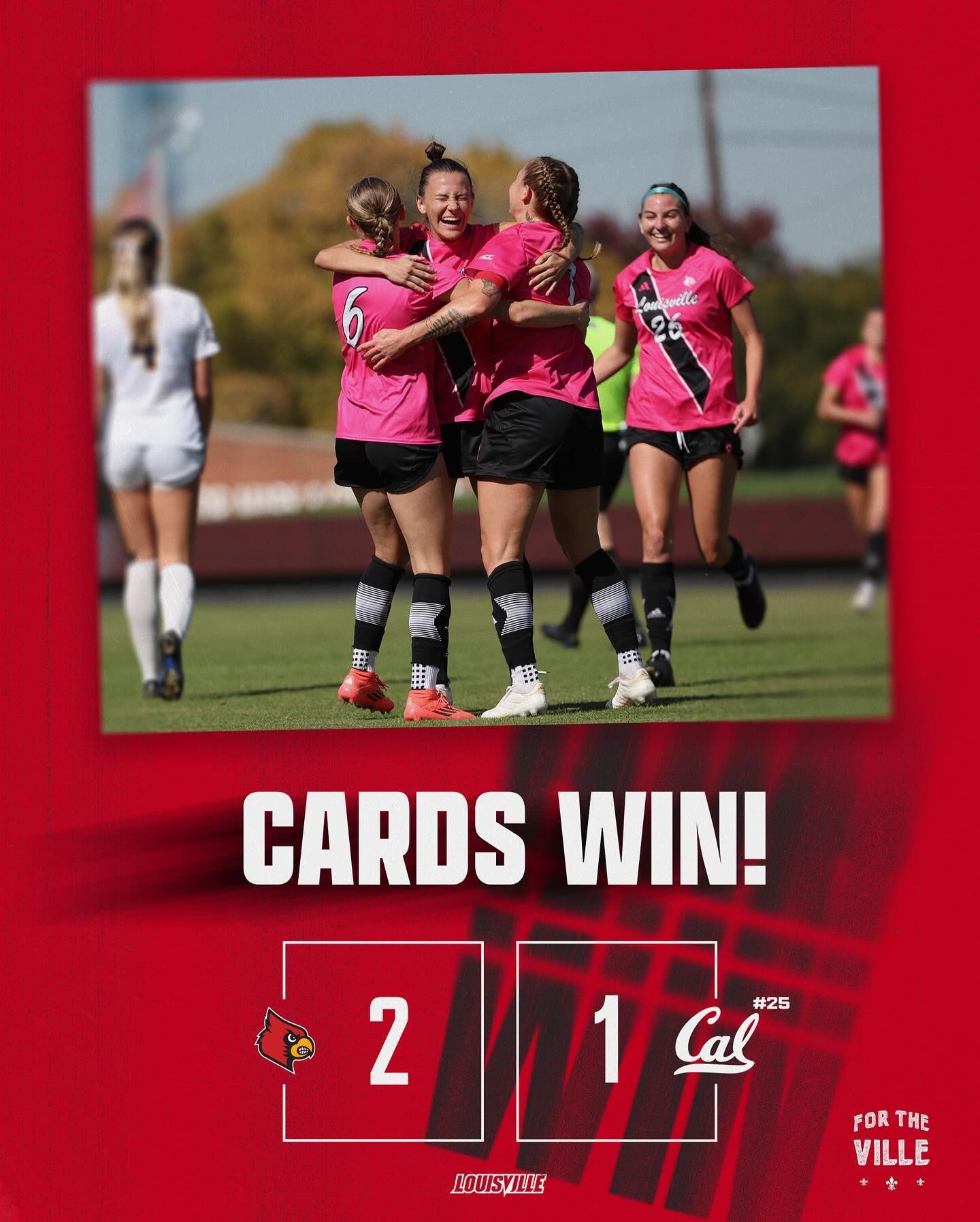 Louisville Cardinals women's soccer team celebrates 2-1 victory over Cal in pink uniforms.