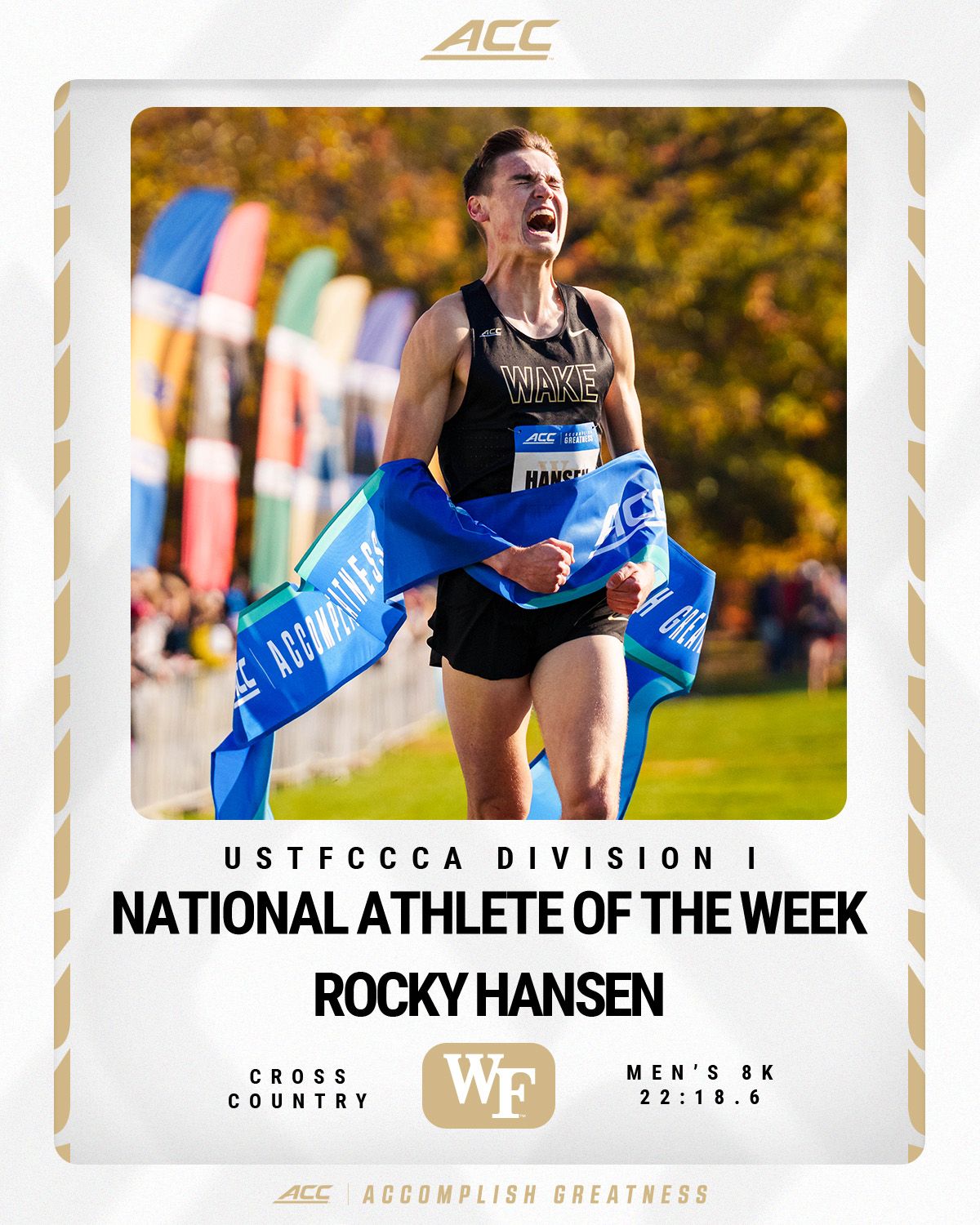Cross country runner celebrates victory with arms raised while wearing blue uniform against autumn background.