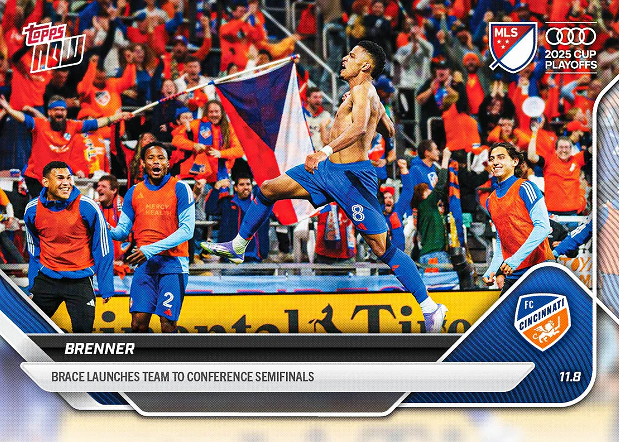 FC Cincinnati fans celebrate in the stadium with orange flags and banners during a playoff match.