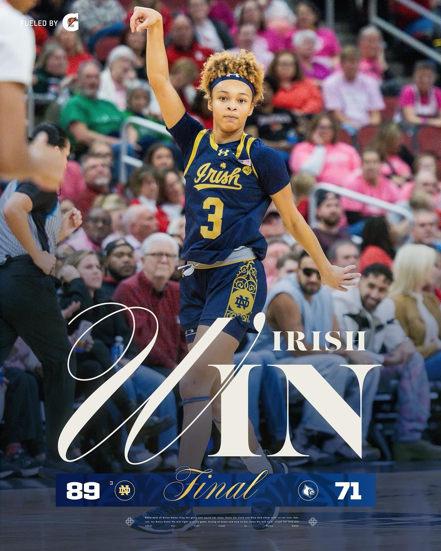 Graphic of #3 of Notre Dame Women's Baskeball celebrating at the KFC Yum Center, shot by Chris Carter.